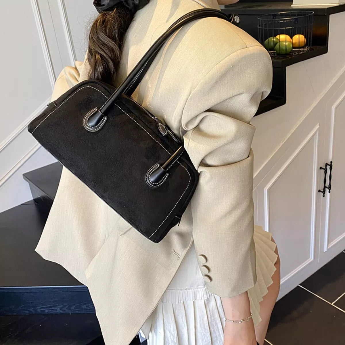 Velvet Shoulder Bag with Leather Strap