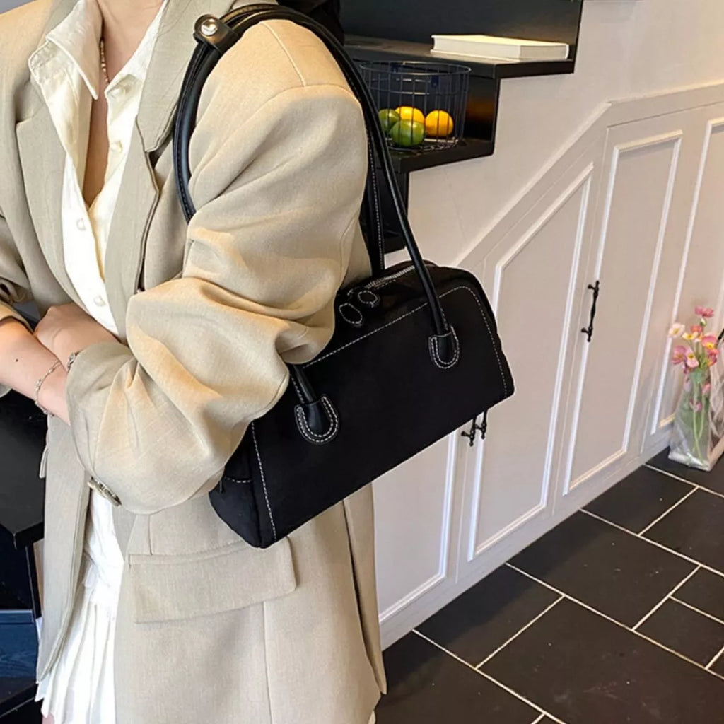 Velvet Shoulder Bag with Leather Strap